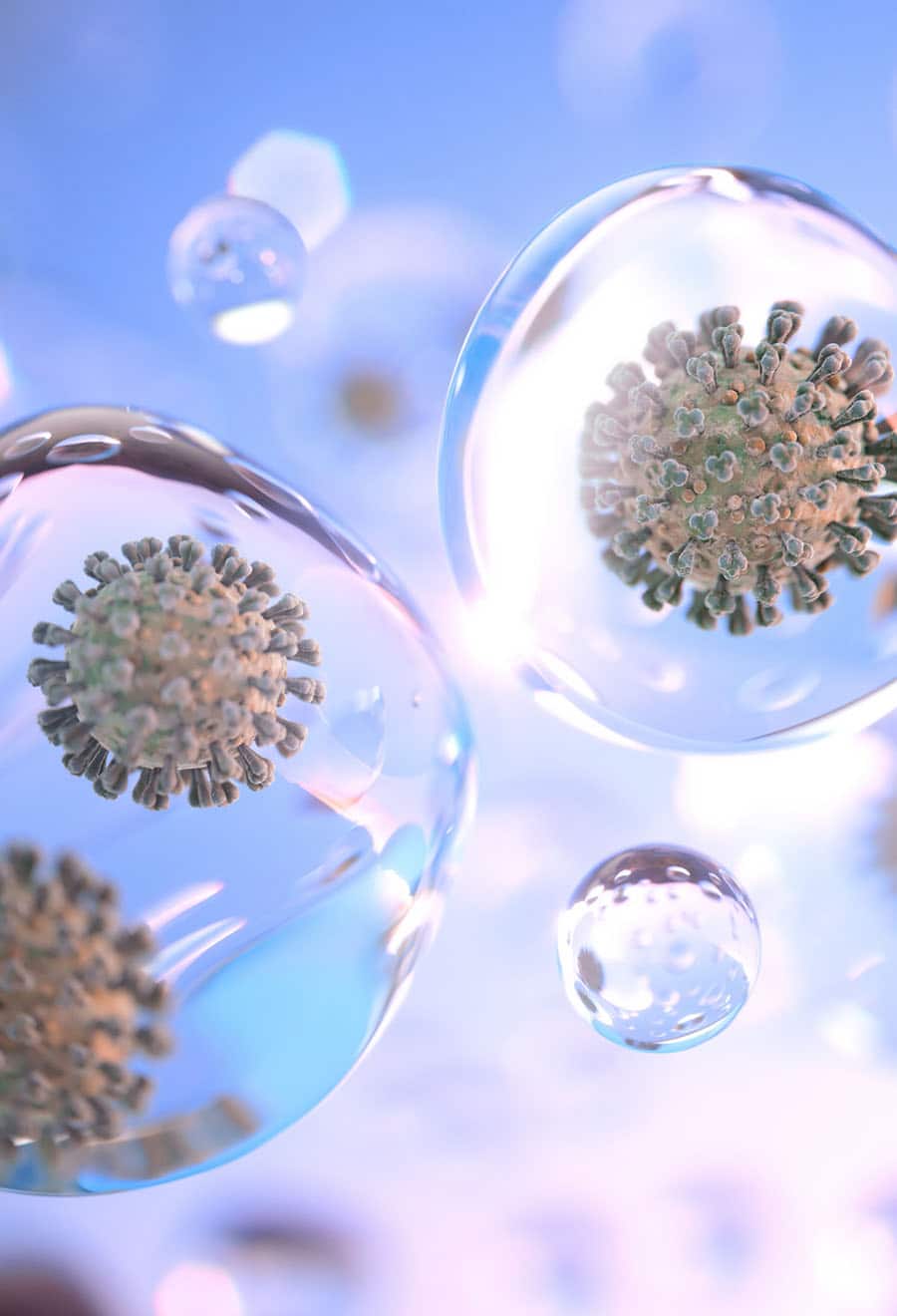 Super-high magnification of coronavirus particles (like the current SARS-CoV-2 pandemic) spread through tiny droplets of liquid (aerosols) floating through the air. Illustration for means of transmission: droplet and aerosolized infection.