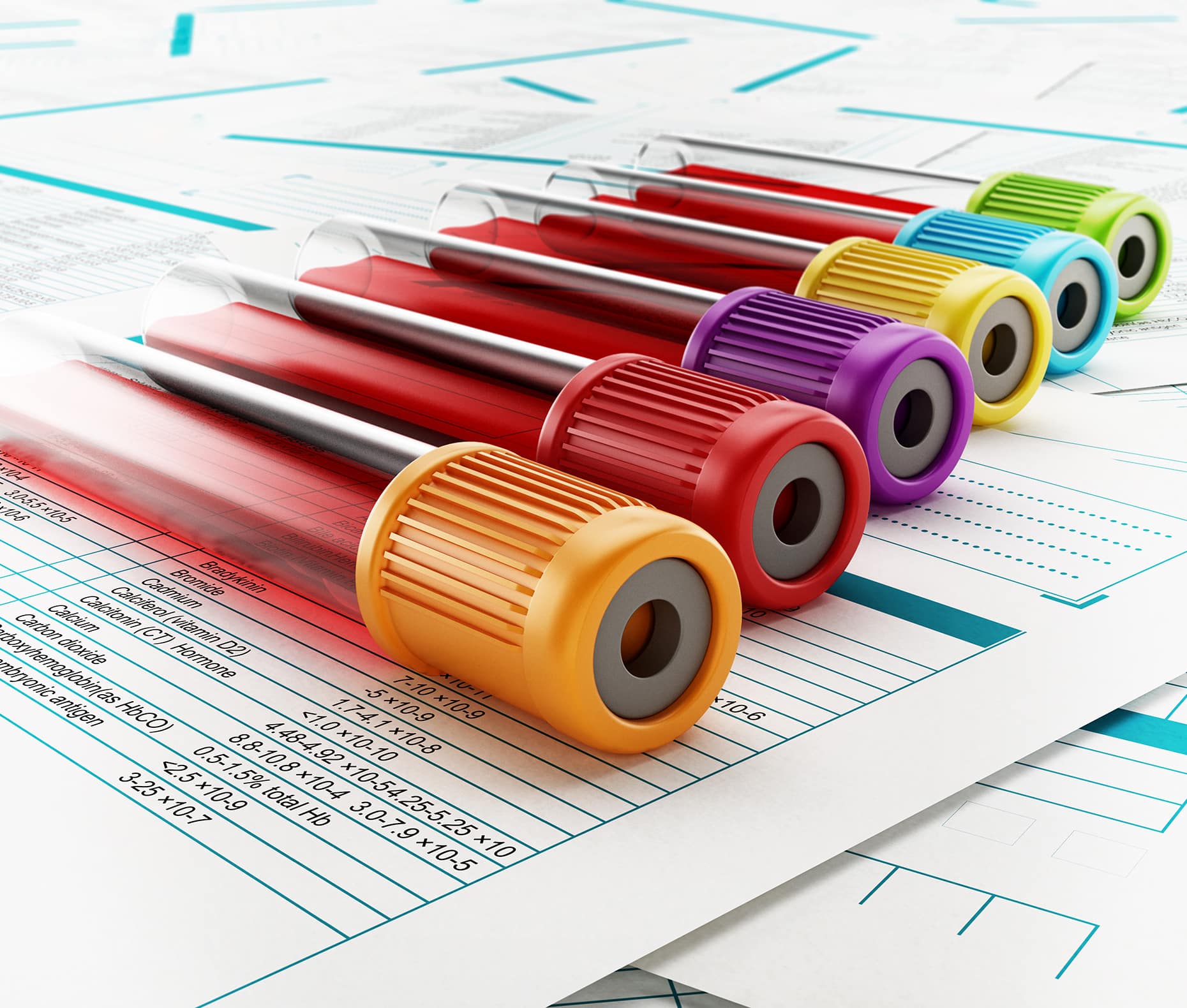 Blood test tubes with multi-colored lids standing on medical documents.