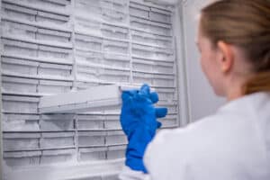 A biobank worker reaches for cryopreserved specimens.